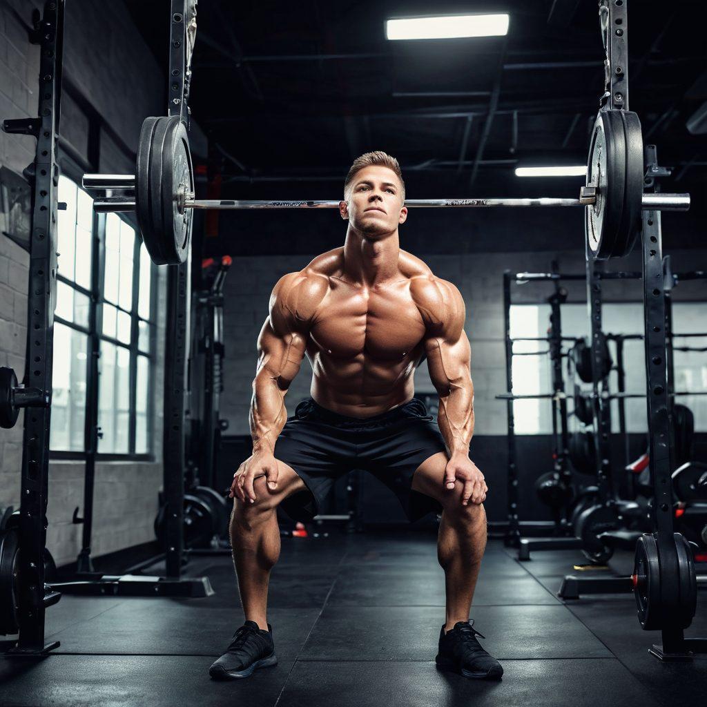 A dynamic scene capturing an athlete performing the Pendlay lift in a well-equipped gym. The focus is on strong muscles and perfect technique, with weights visibly lifted off the ground and intensity in the athlete's expression. Bright gym lighting highlights the sweat and effort, while a motivational quote on the wall adds inspiration. Background elements include gym equipment and a large mirror reflecting the determination of the lifter. super-realistic. vibrant colors. high contrast.